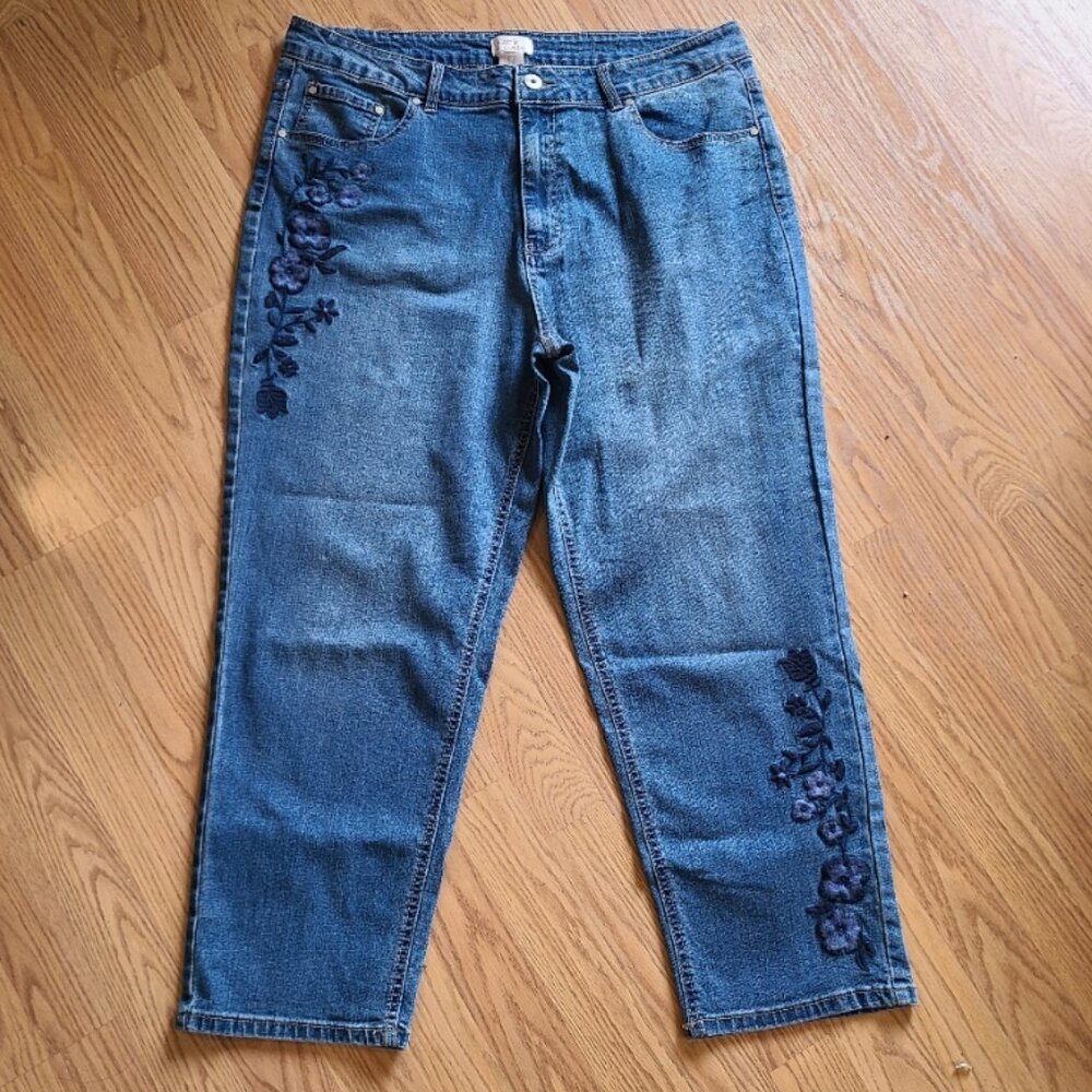 PATBO CAMILA COELHO EMBROIDERED JEANS TAPERED STRAIGHT LEG STRETCH DENIM sz 16